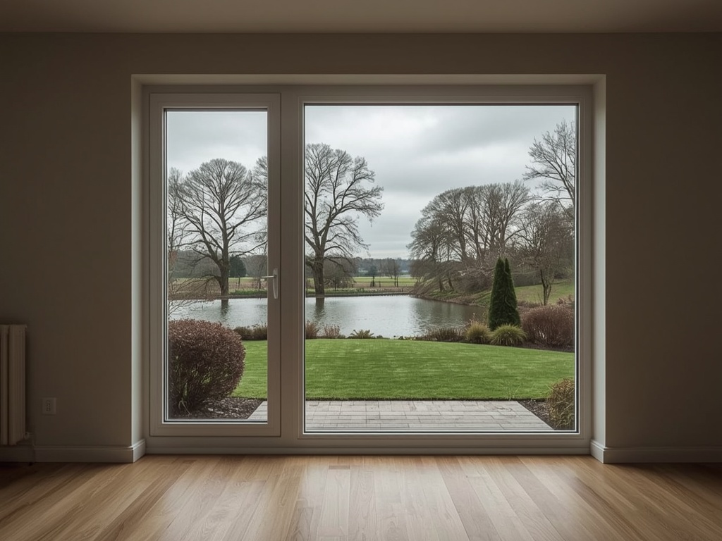 Zicht vanuit woonkamer door kunststof vast raam naar Gelderse tuin in Loo