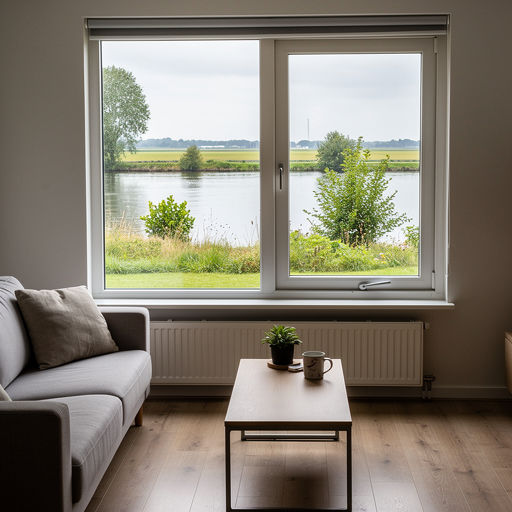 Uitzicht vanuit woonkamer door een kunststof vast raam naar groene achtertuin in Zevenaar
