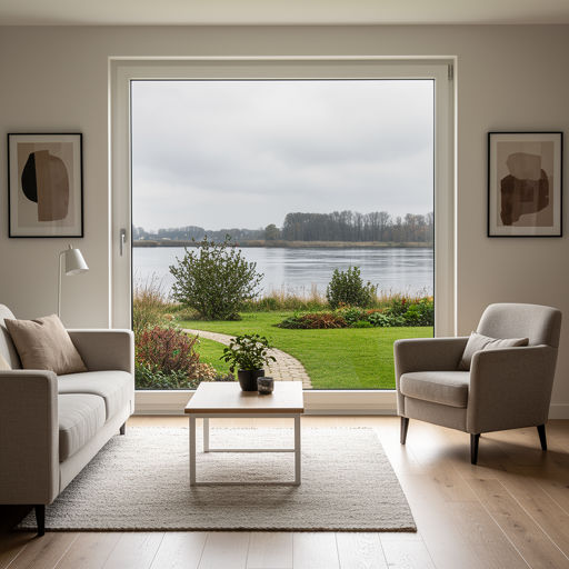 Uitzicht vanuit woonkamer in Bemmel door een kunststof vast raam op een groene achtertuin