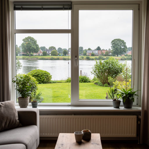 Zicht vanuit woonkamer door kunststof vast raam naar Gelderse tuin in Arnhem