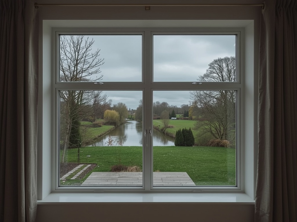 Zicht vanuit woonkamer in Didam door een vast kunststof raam op een groene achtertuin