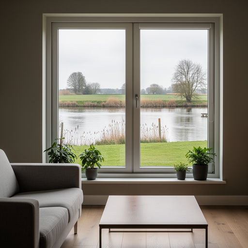 Zicht vanuit woonkamer door kunststof vast raam naar groene tuin in Babberich