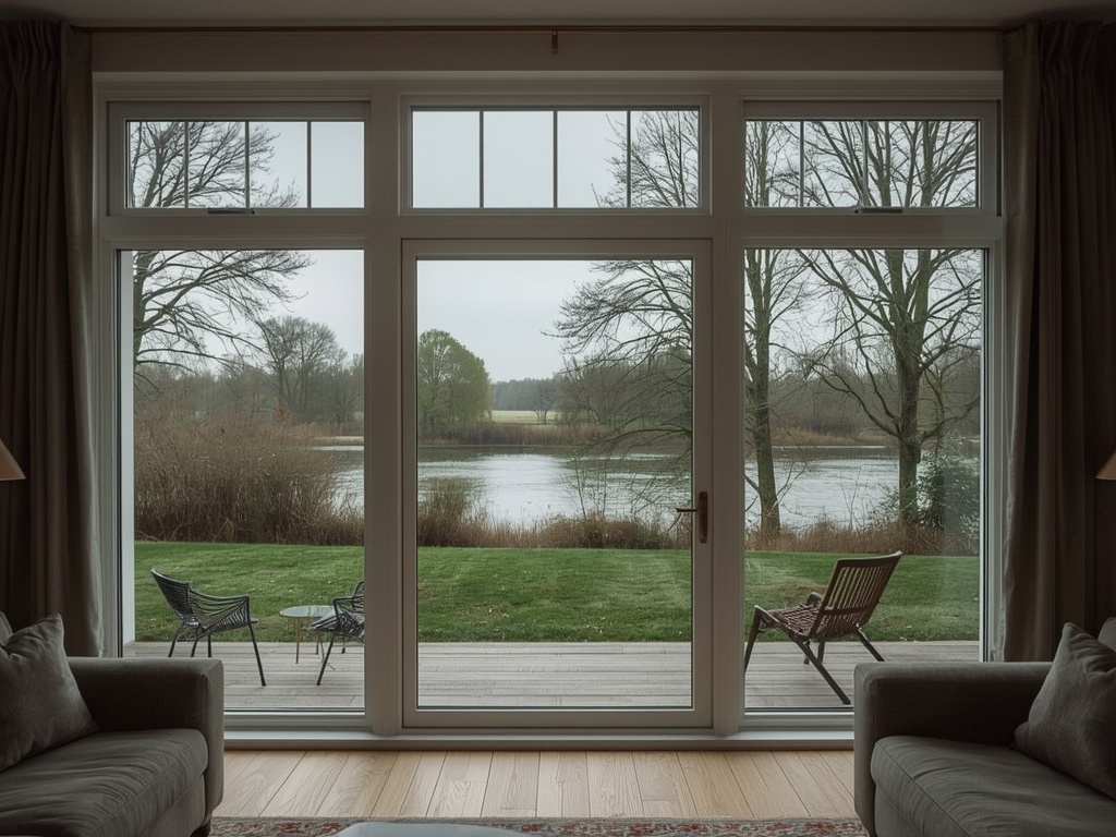 Zicht vanuit woonkamer door kunststof vast raam naar Gelderse tuin in Westervoort