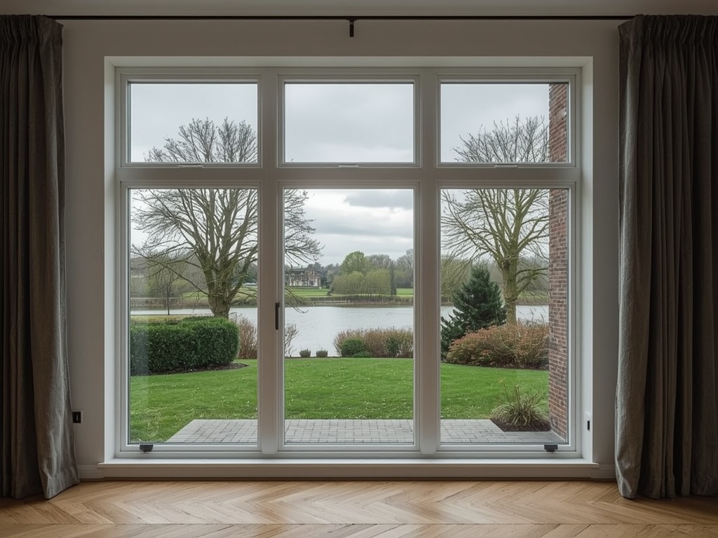 Zicht vanuit woonkamer door kunststof vast raam naar Gelderse tuin in Rijnwaarden