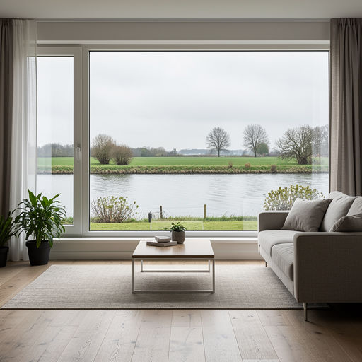 Zicht vanuit woonkamer door kunststof vast raam naar groene achtertuin in Rheden