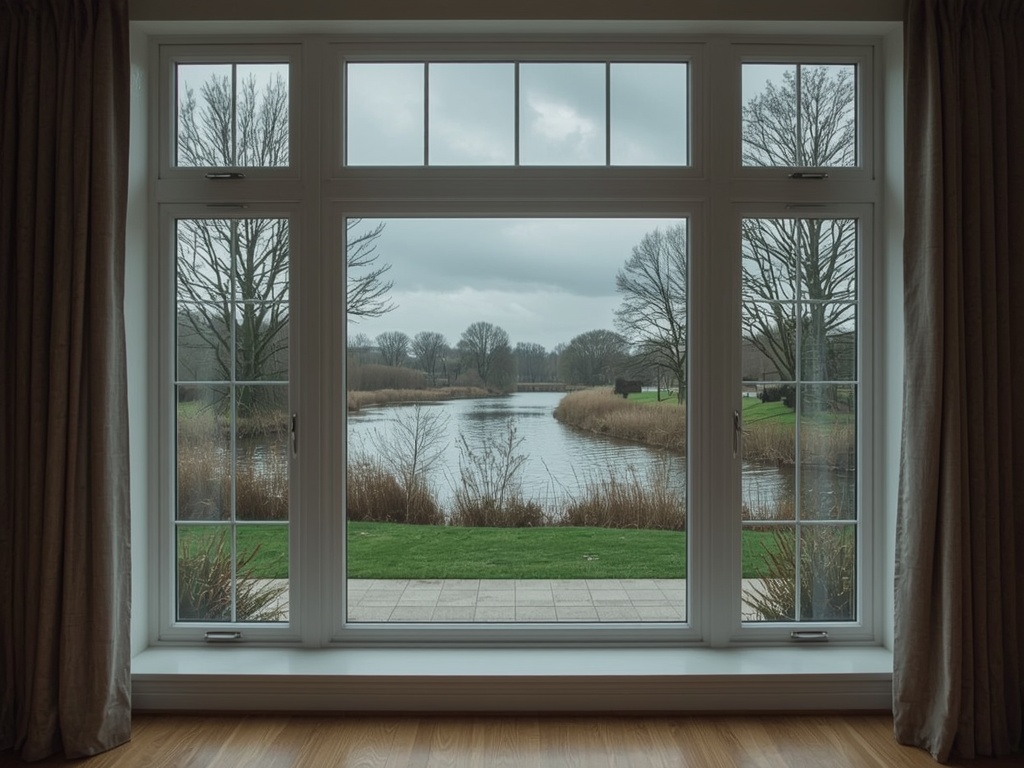Uitzicht vanuit woonkamer door een kunststof vast raam op een groene tuin in Doesburg
