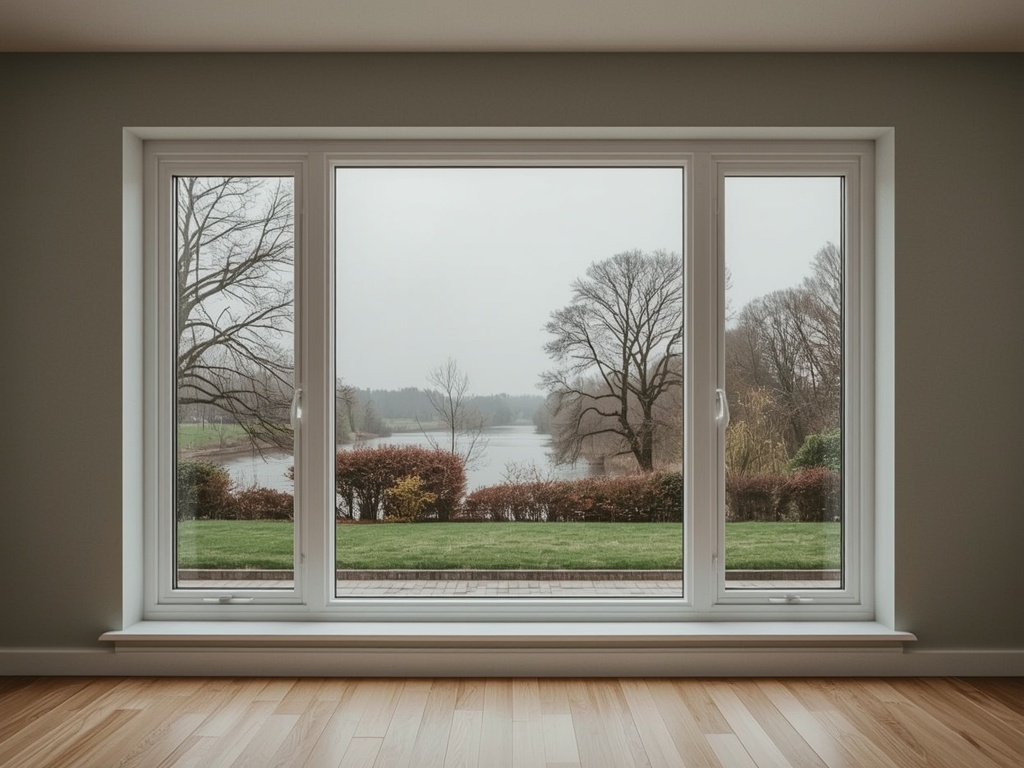 Zicht vanuit woonkamer door kunststof vast raam naar Gelderse tuin in Lobith