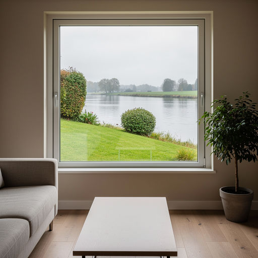 Zicht vanuit woonkamer door kunststof vast raam naar Gelderse tuin in Giesbeek