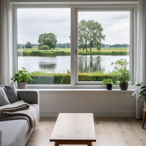 Uitzicht vanuit de woonkamer via een groot vast raam op een groene tuin in Gendt