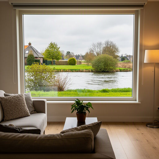 Uitzicht vanuit de woonkamer door groot kunststof raam op een tuin in Zevenaar