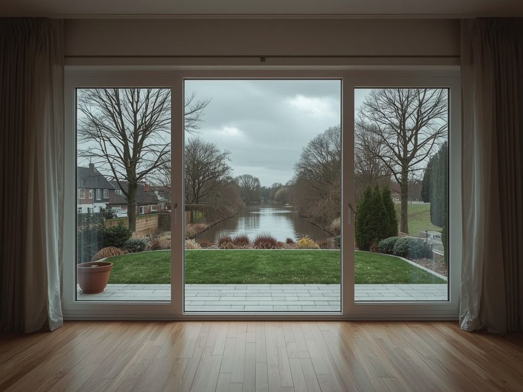 Zicht vanuit woonkamer door kunststof vast raam naar Gelderse tuin in Duiven