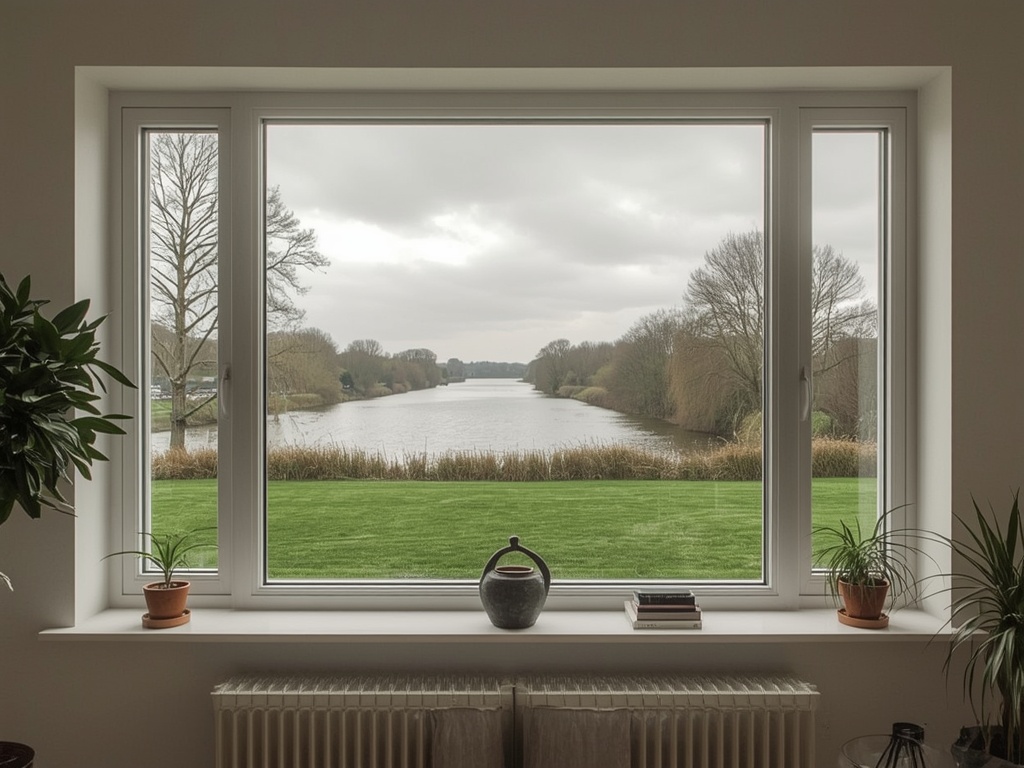 Uitzicht vanuit woonkamer door kunststof vast raam naar Gelderse tuin in Arnhem