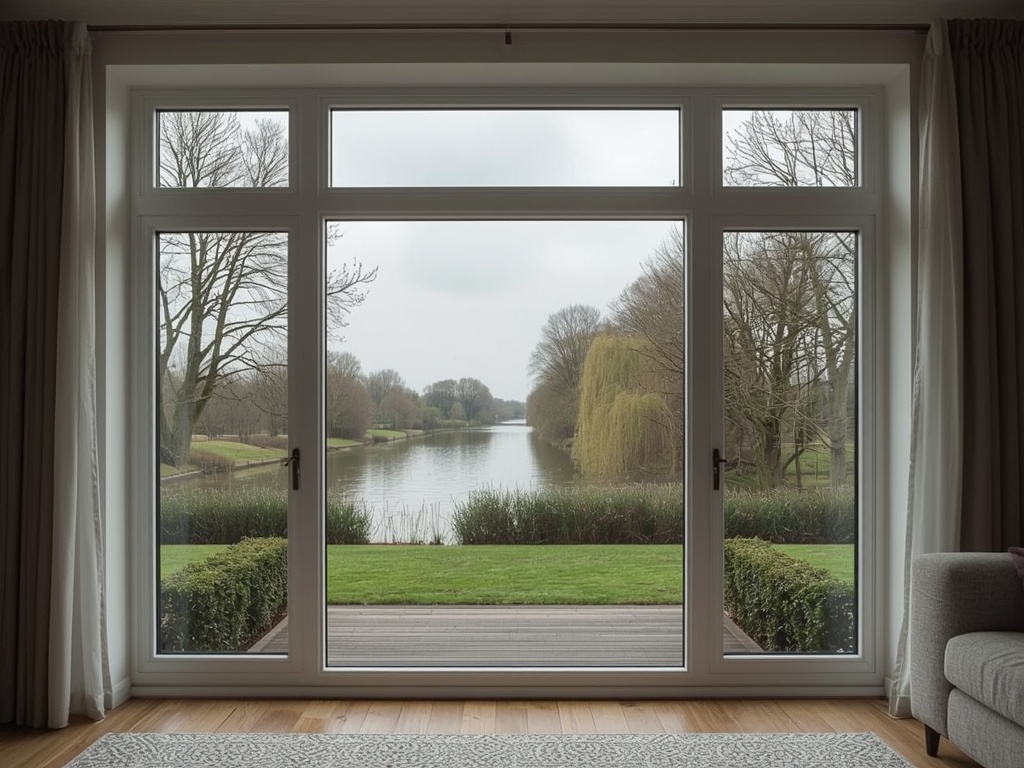 Zicht vanuit woonkamer door kunststof vast raam naar Gelderse tuin in Rheden