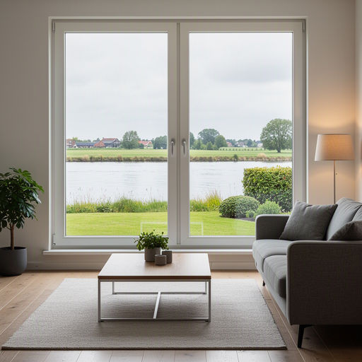 Uitzicht vanuit de woonkamer via een kunststof vast raam naar een Gelderse tuin in Lobith