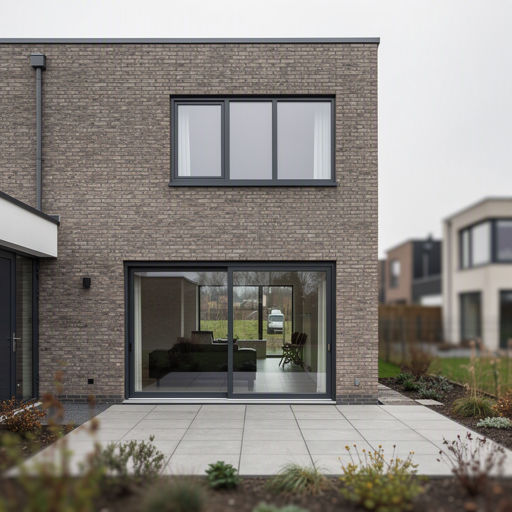 Moderne woning in Giesbeek met donkergrijze kunststof kozijnen en een schuifpui