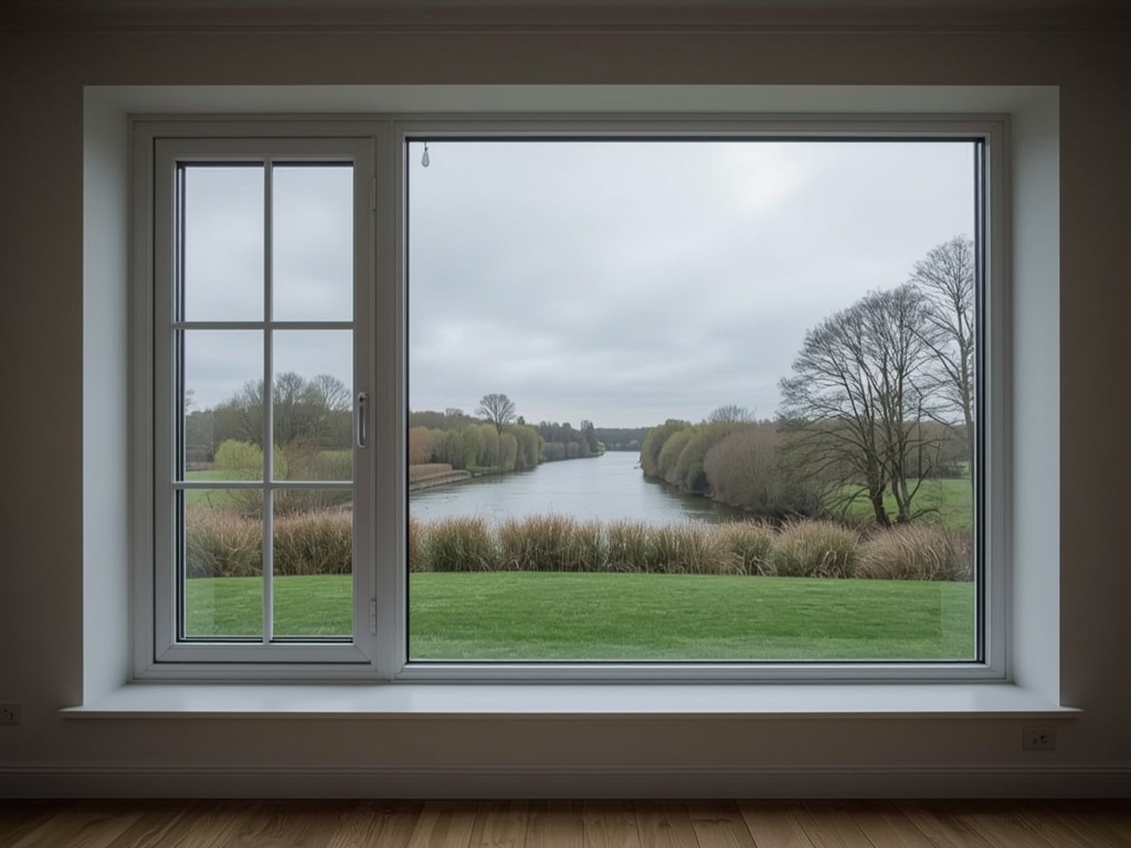 Uitzicht door een groot vast kunststof raam op een Gelderse achtertuin in Babberich