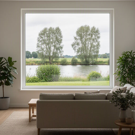 Zicht vanuit woonkamer door kunststof vast raam naar Gelderse tuin in Montferland