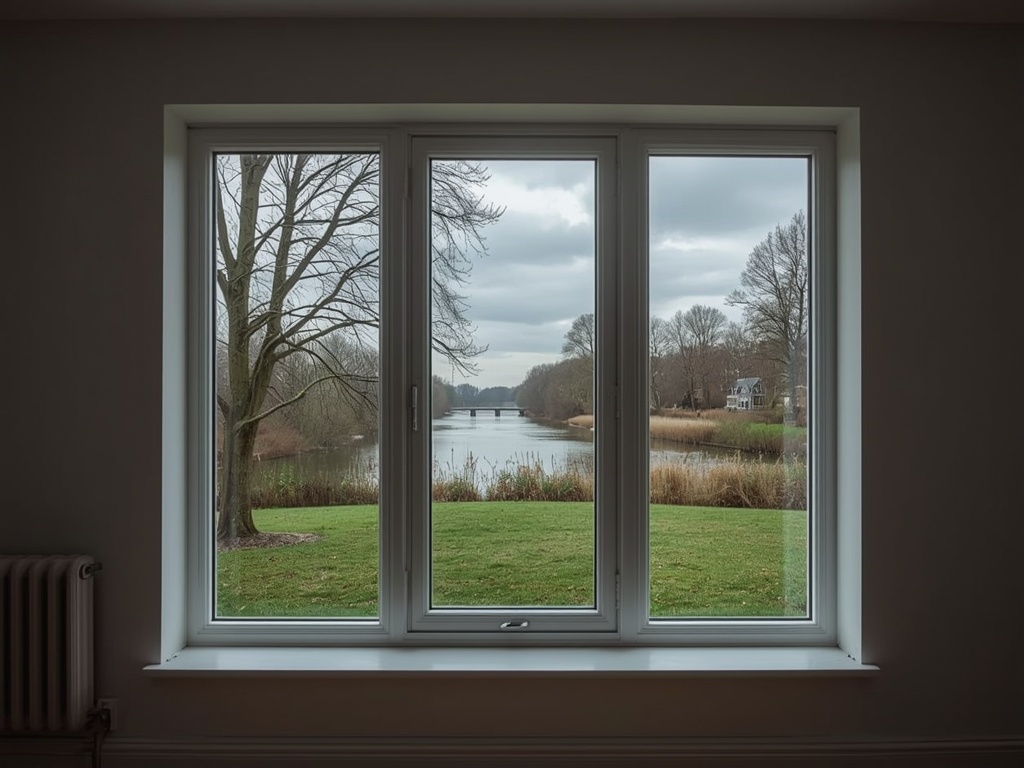 Licht uitzicht vanuit de woonkamer via een kunststof pui naar de tuin in Bemmel