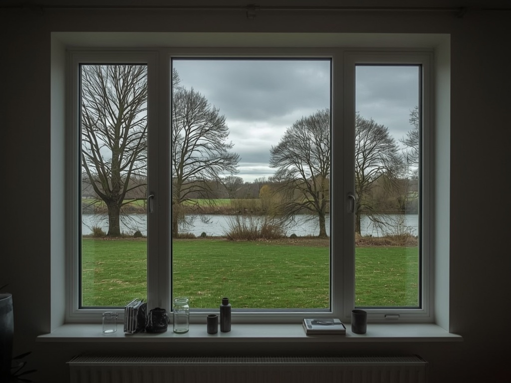 Uitzicht vanuit de woonkamer door een groot vast raam op de Gelderse tuin in Giesbeek