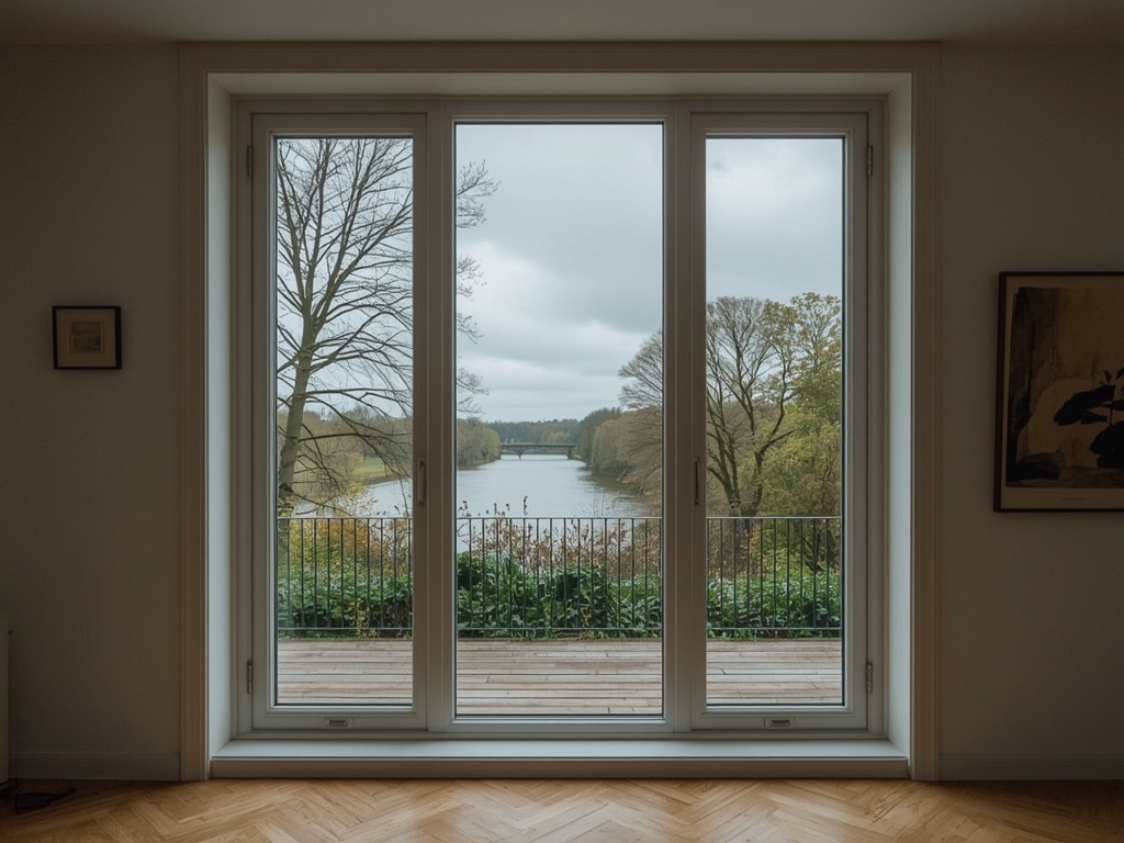 Zicht vanuit woonkamer door kunststof vast raam naar Gelderse tuin in Westervoort