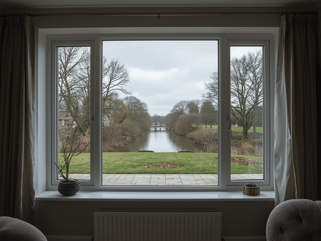 Zicht vanuit woonkamer door kunststof vast raam naar Gelderse tuin in Duiven