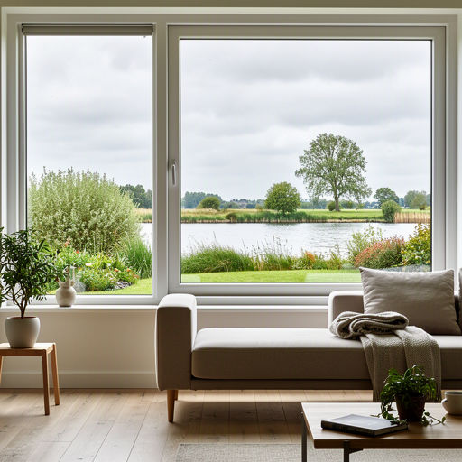 Zicht vanuit woonkamer door kunststof vast raam naar Gelderse tuin in Doesburg