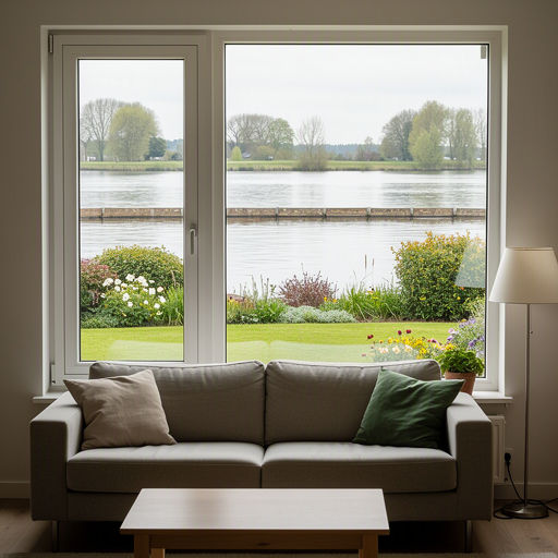 Zicht vanuit woonkamer door kunststof vast raam richting landelijke tuin in Loo